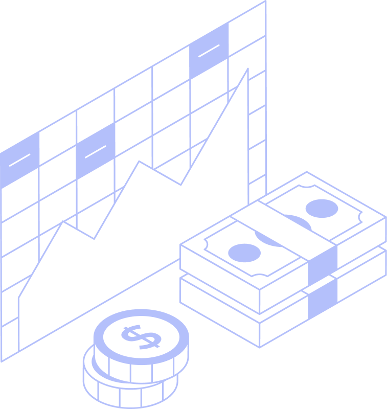 Illustration showing a rising line graph on a chart next to stacked banknotes and coins, representing financial growth or increasing profits.